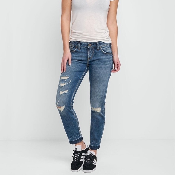 Silver Jeans 26 (US 2/4) Sam Boyfriend Jeans Mid Rise Womens Stretch Distressed - Picture 1 of 14